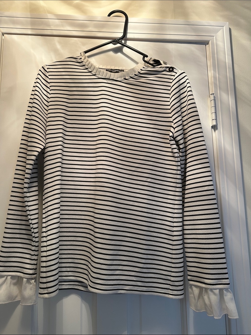 Karl Lagerfeld Black & White Striped Ruffle Cuff Long-Sleeve Top